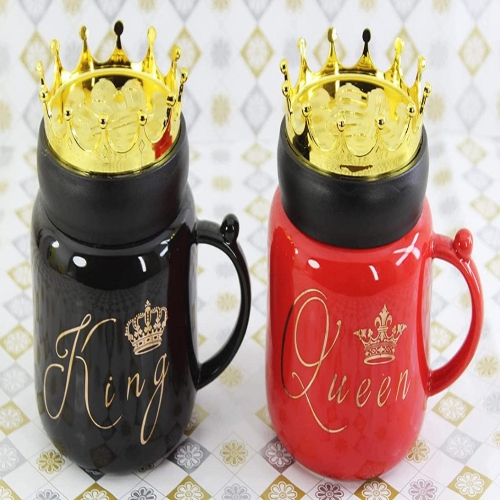 Hujai King Queen Printed, Crown Lid King Queen Couple Cup Set Ceramic Coffee Mug (300 ml, Pack of 2)