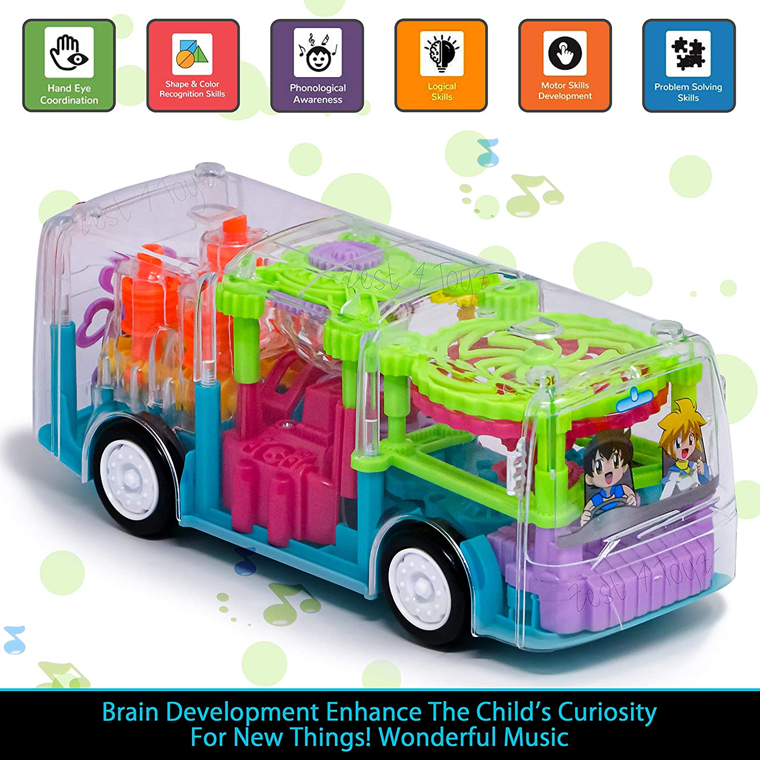 Sky Tech Plastic Biggest Transparent Bus Concept Musical Bus, 3D Bus Toy with 360 Degree Rotation, Bump &amp; Go Gear Transparent Bus Toy with Light &amp; Sound Effects Educational Toys, Multicolor.