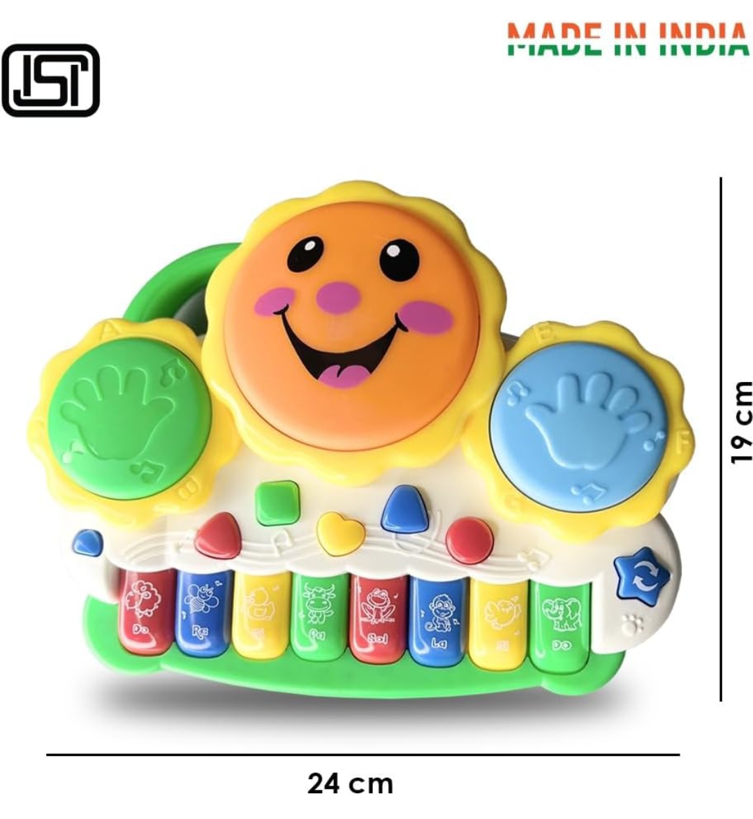 ToyMagic Electronic Drum Smiley Face Keyboard Piano|2 in 1 Musical Toy with Animal Sounds &amp; Flash Light |AA Battery Operated|Learning &amp; Educational Toy For Kids 1+|Birthday &amp; Return Gift|Made In India