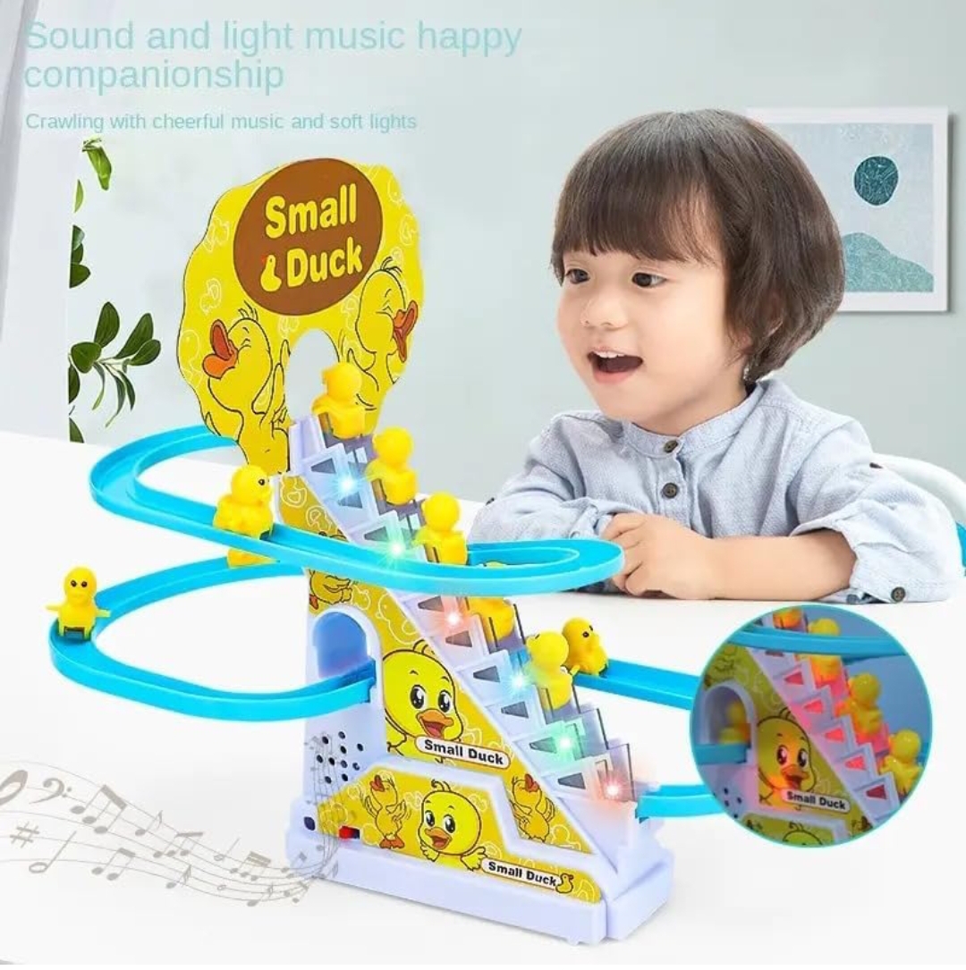 FUNVERSE® Duck Track Toys for Kids - Small Ducks Stair Climbing Toys for Kids , Escalator Toy with Lights and Music - 3 Duck Included ( Duck Track )