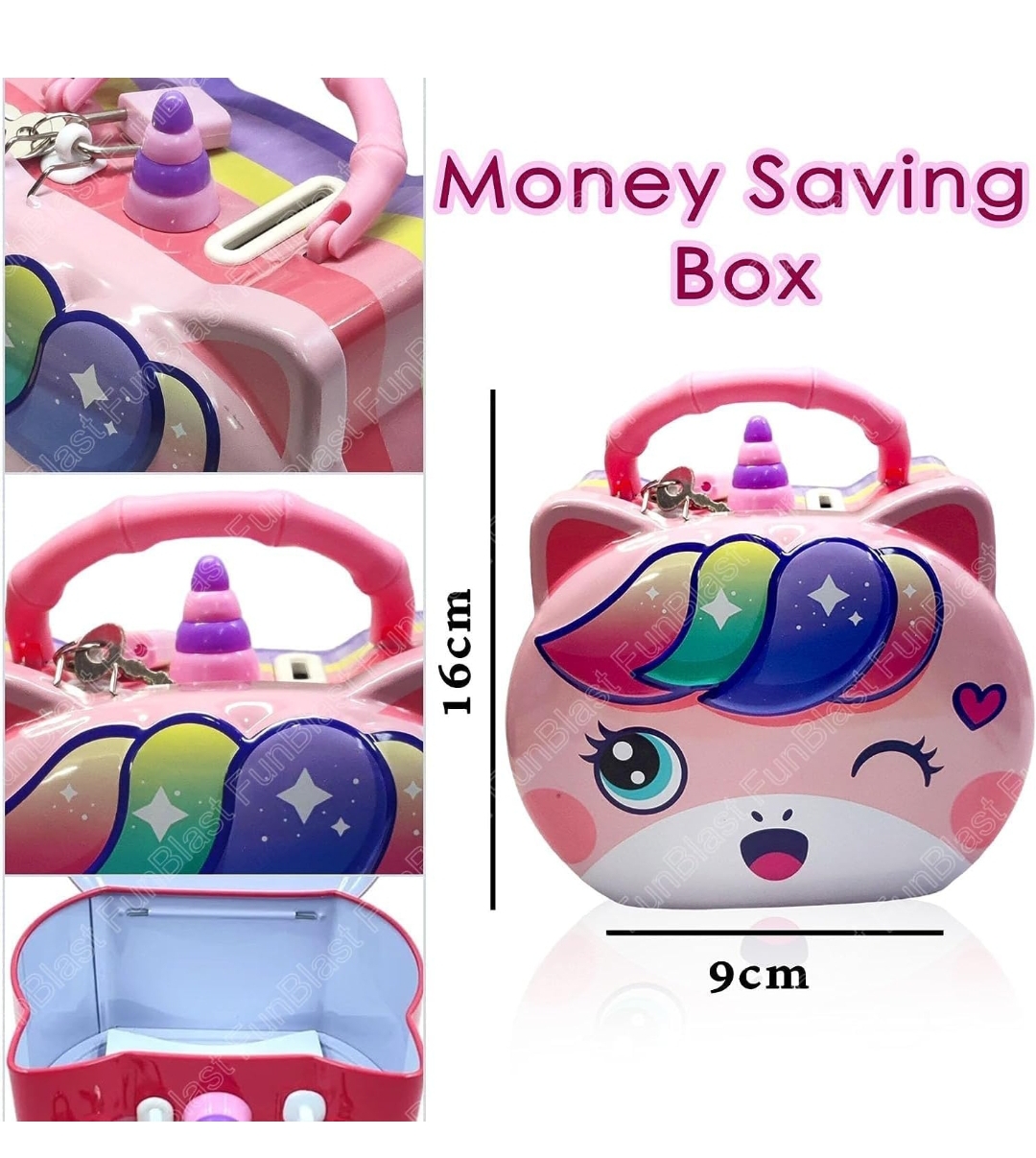 FunBlast Piggy Bank for Kids – Unicorn Themed Money Saving Tin Coin Bank with Lock and Key – Birthday Return for Boys &amp; Girls, Money Bank, Coin Box for Kid, Metal Coin Box (Unicorn Coin Box)