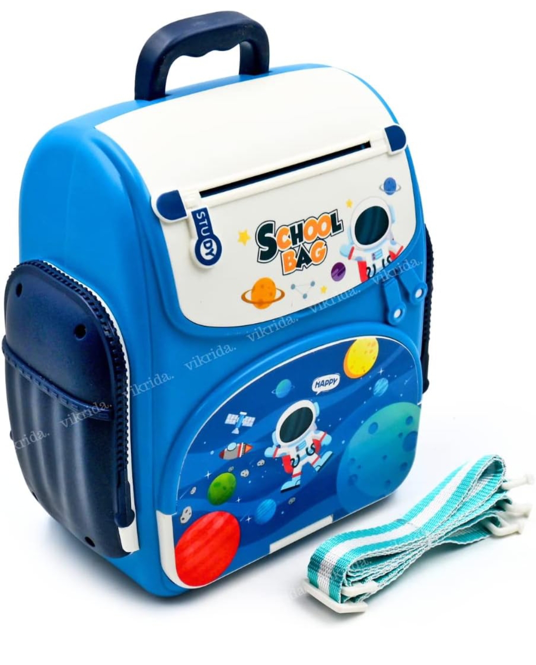Vikrida Mini ATM Piggy Bank, Money Saving Bank for Real Money Cash Coin | School Bag Musical Money Safe Kids Piggy Savings Bank with Finger Print Sensor - Blue