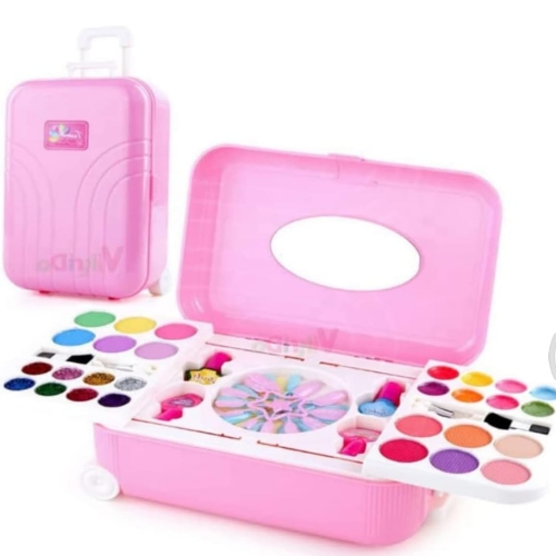 2 in 1 Cosmetic Makeup Palette and Nail Art Kit for Kids with Portable Trolly Bag | Pretend Play Toy for Girls -Plastic, Pink Color