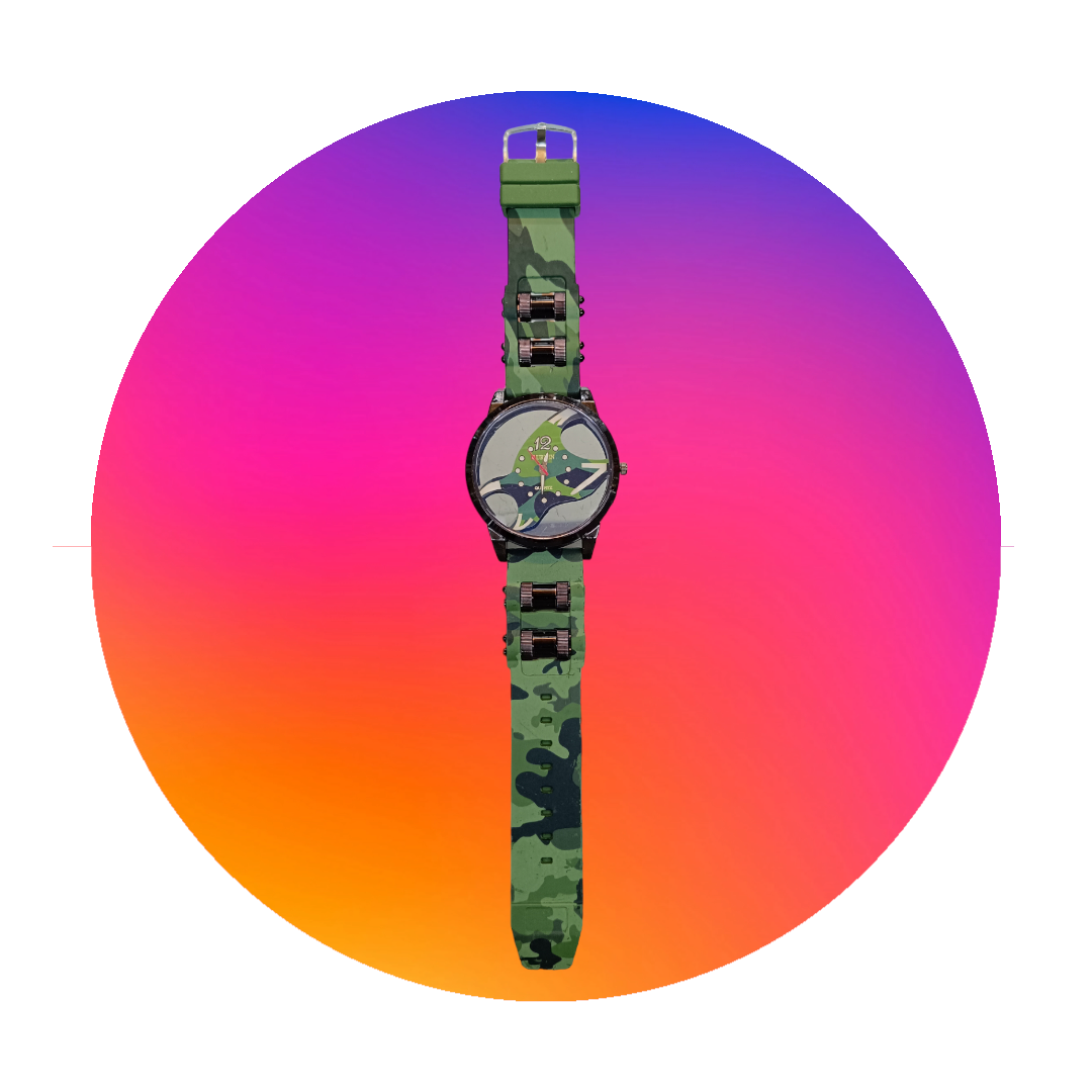 "Tactical Precision: Round Dial Transparent Green Watch with Army Strap"